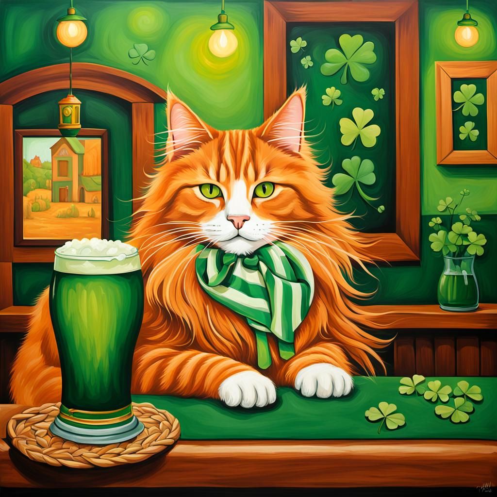 Ginger Cat Celebrates St. Patrick's Day: Abstract Art