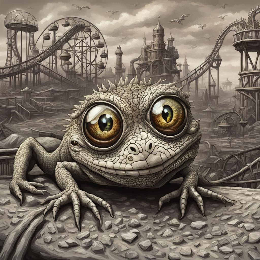 Hyperrealistic Lizard in Post-Apocalyptic Amusement Park