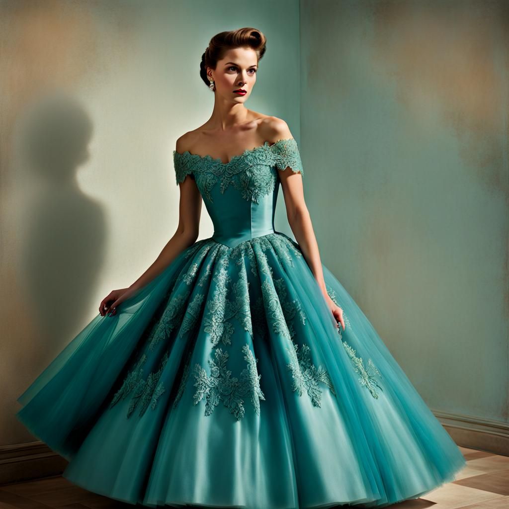 Woman in Turquoise 1950s Haute Couture Oil Painting