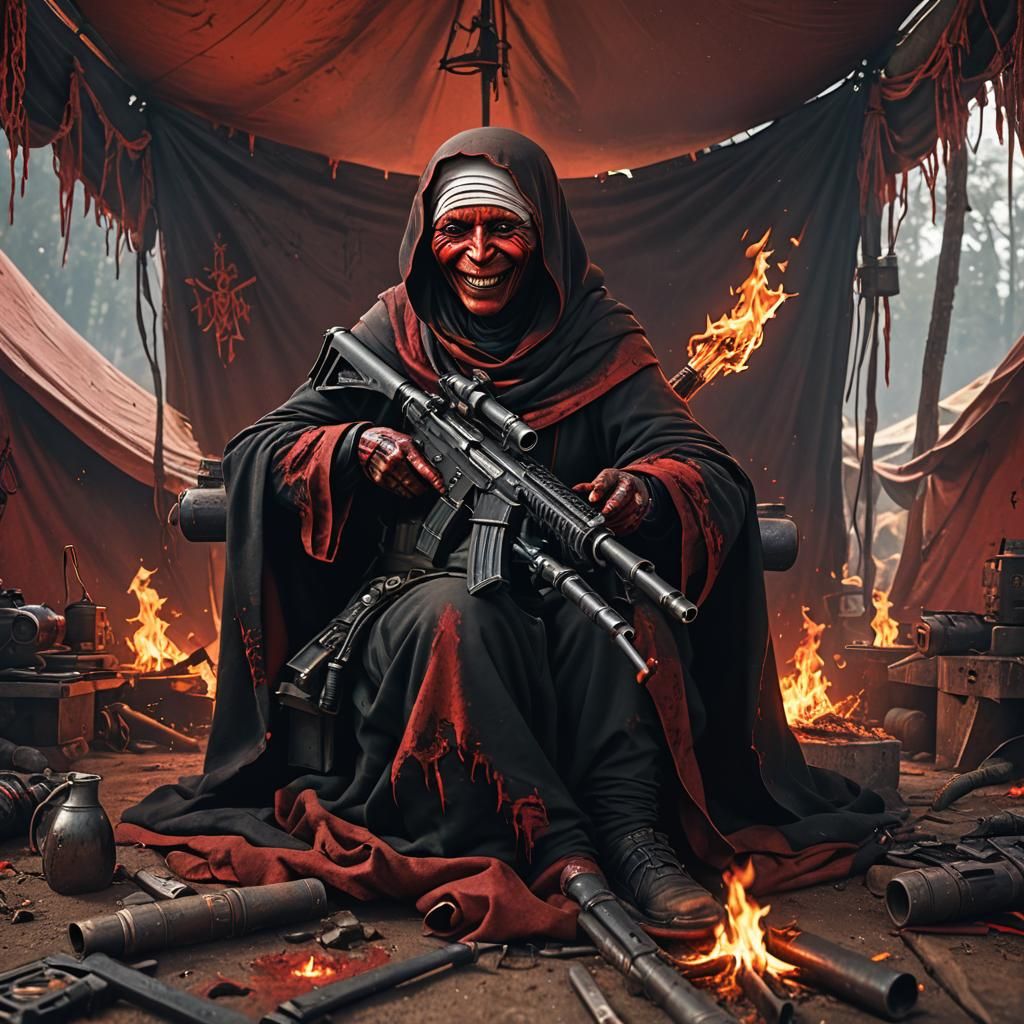 Satanic Mother Theresa with machinegun