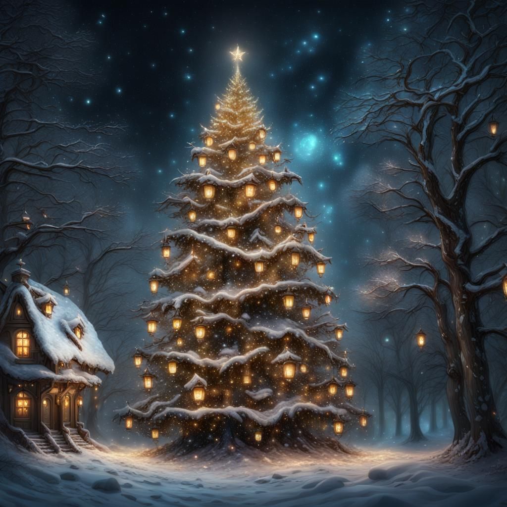 Intricate Fairy Christmas Tree with Glowing Lanterns