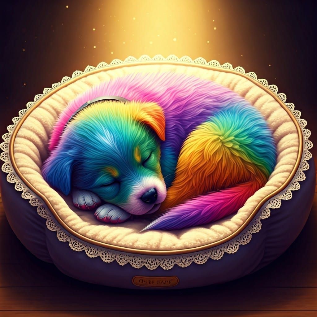 Rainbow Puppy Sleeping Peacefully in Plush Pet Bed