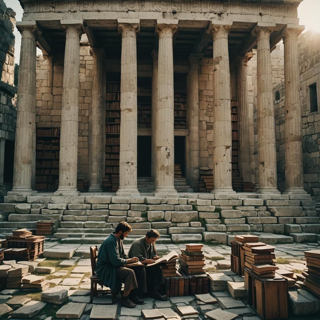 Dramatic Ancient Greek Library in Cinematic Style