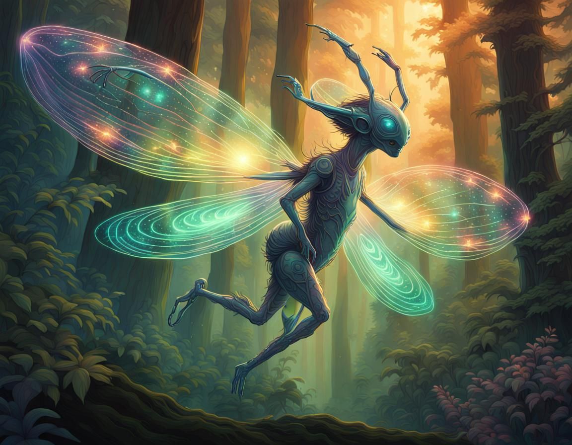 Ethereal Firefly Alien in Vibrant Forest