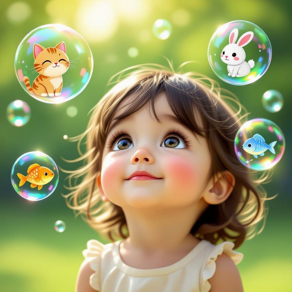 Kawaii Child in Sunlit Park Gazing at Bubbles
