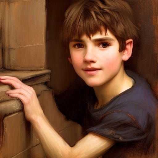 Cheerful Medieval Boy Portrait in Waterhouse Style