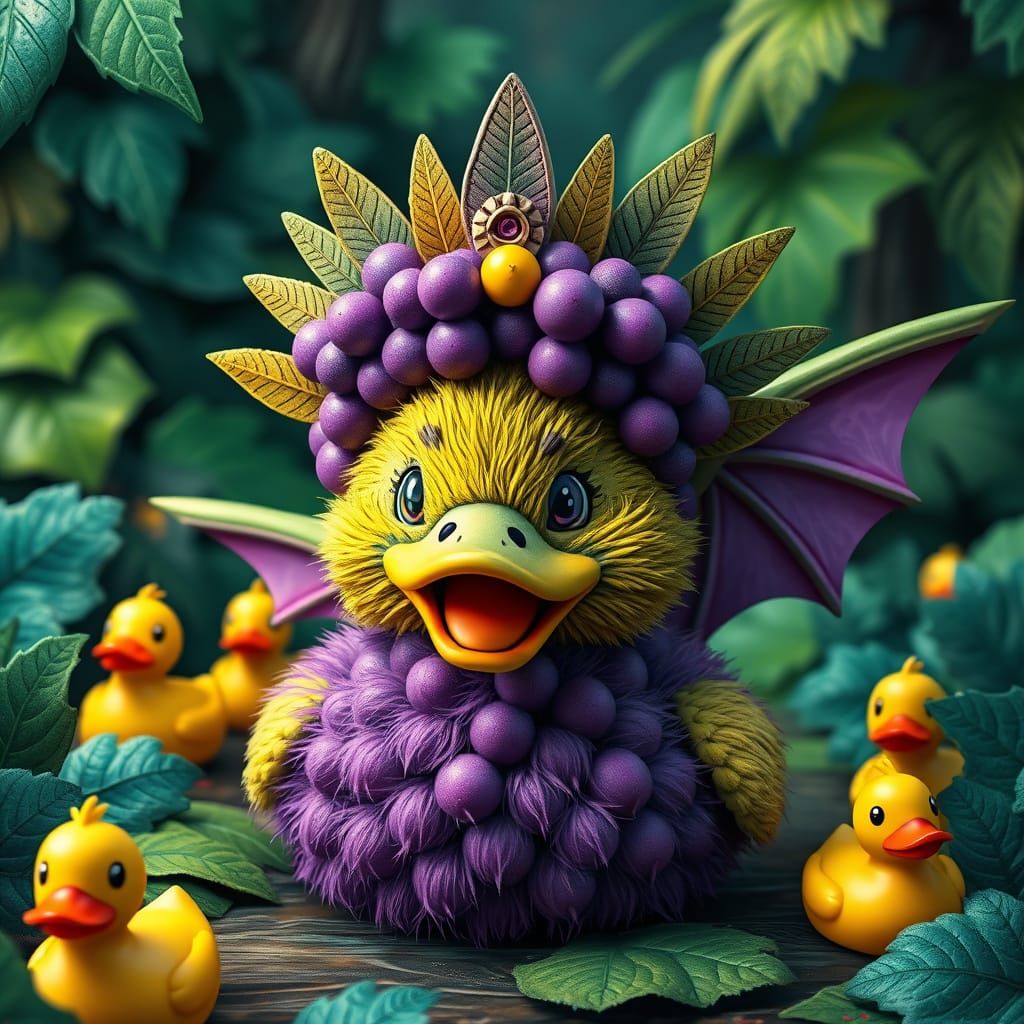 Vibrant Grape Aztec Dragon Rubber Duck Soars in Whimsical Ju...