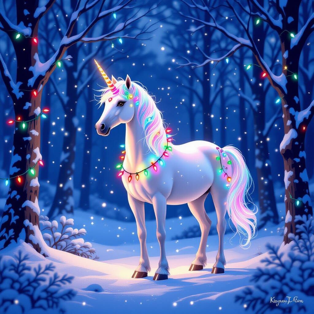 Whimsical Christmas Unicorn in Twinkling Forest