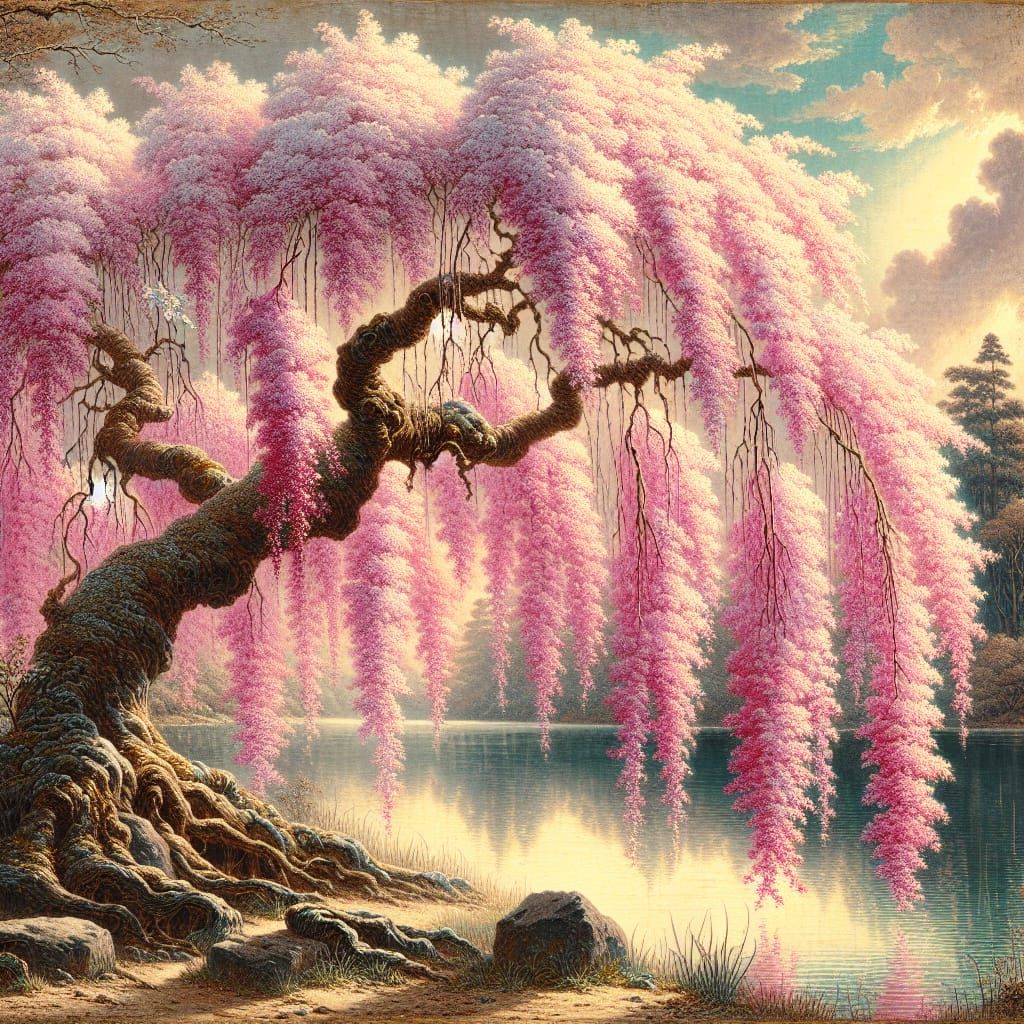 Ancient Sakura Tree Against Tranquil Lake in Oil Painting St...