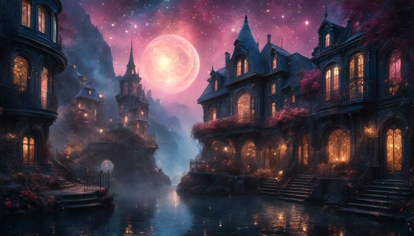 Misty Alien Town on Planet in Art Nouveau Style