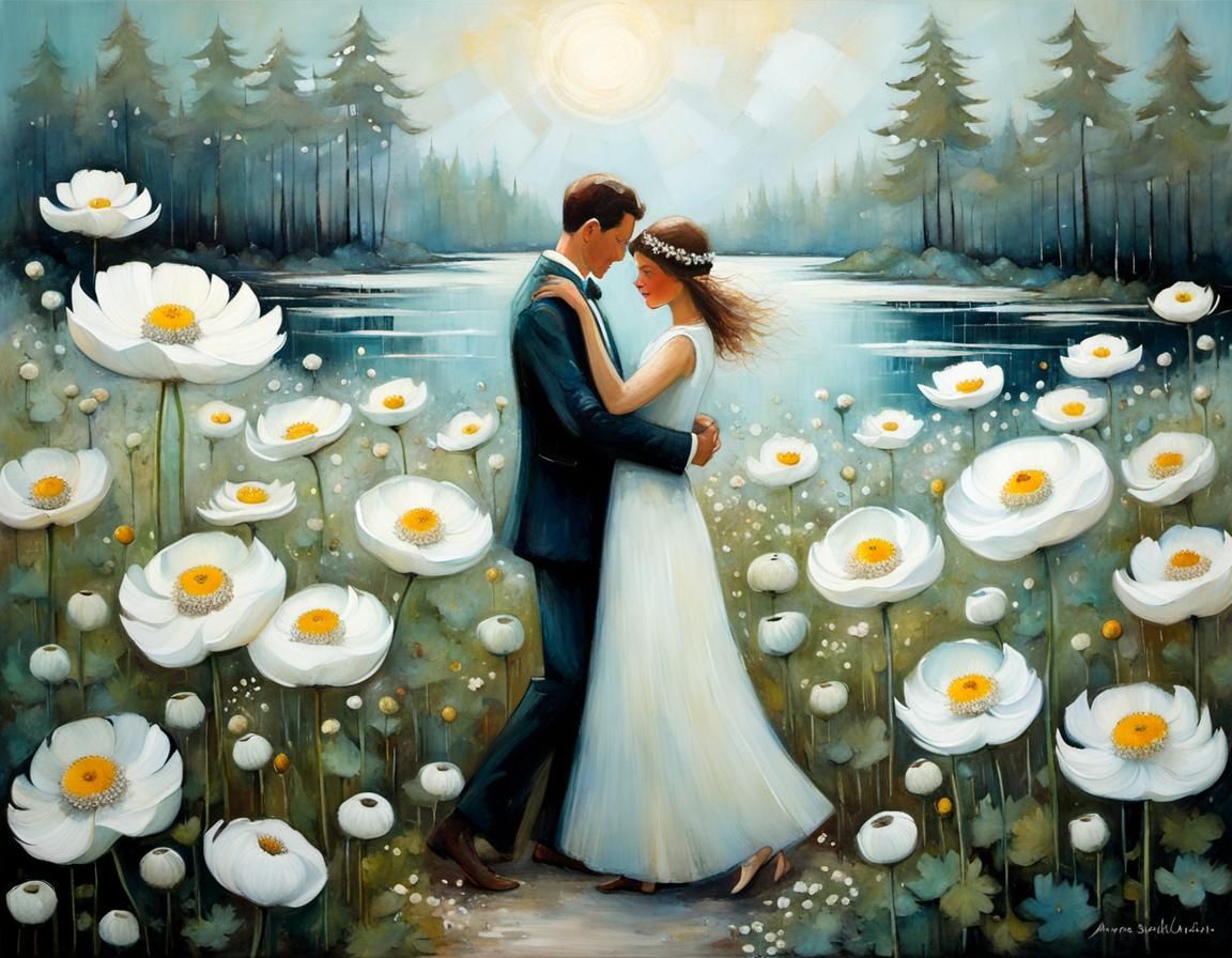 Romantic Couple Dancing Among Anemone Flowers, Encaustic Pai...
