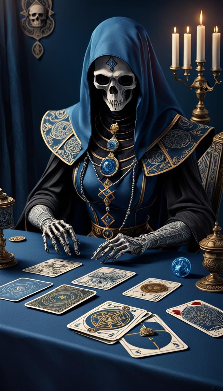 Necromancer at Tarot Table in Sci-Fi Style