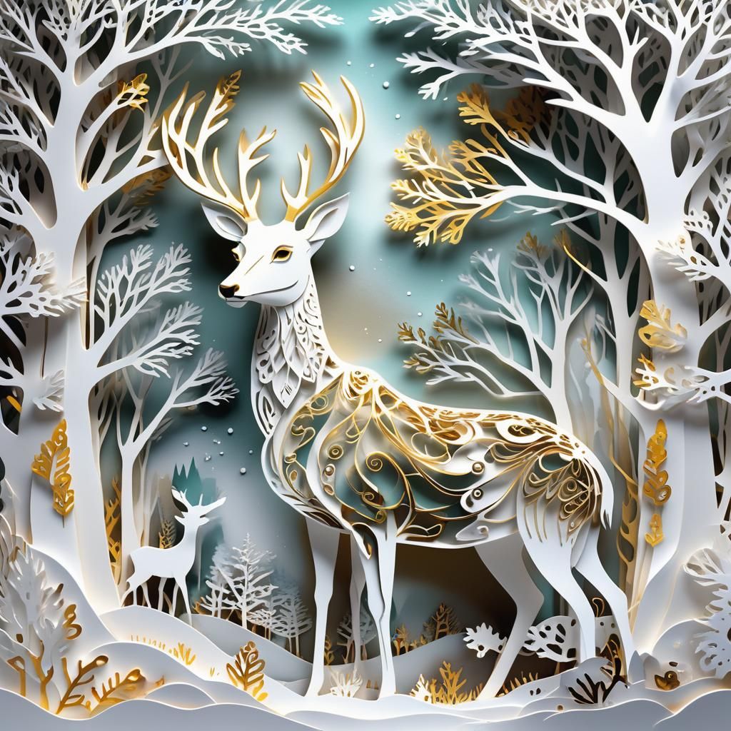 Kirigami White Deer in Snowy Forest