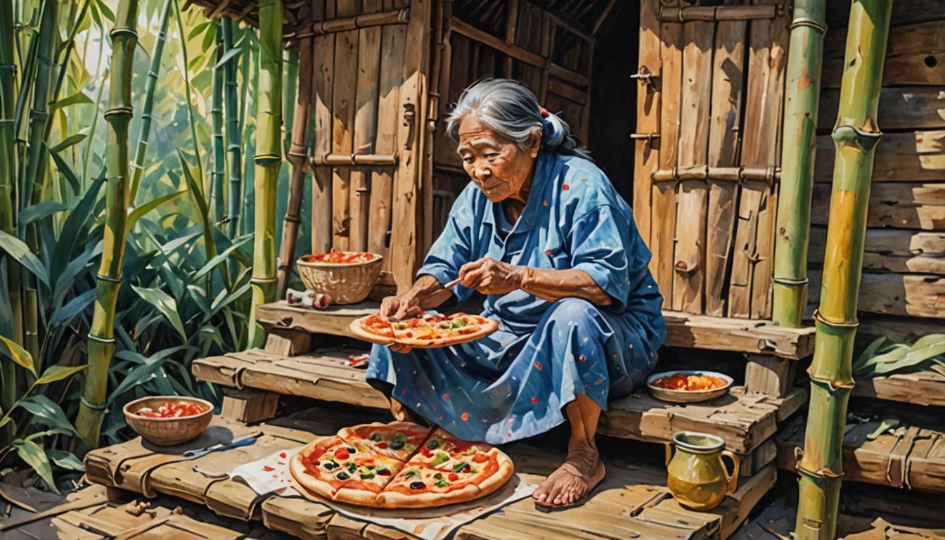 Filipino Woman Eats Pizza: Gouache Impressionist Painting