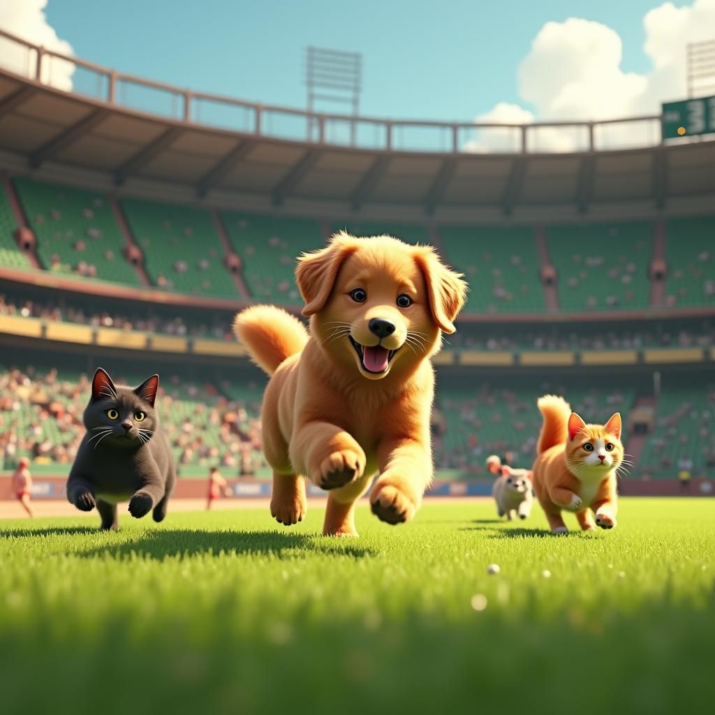 Energetic Dog and Cats Chase on Baseball Field