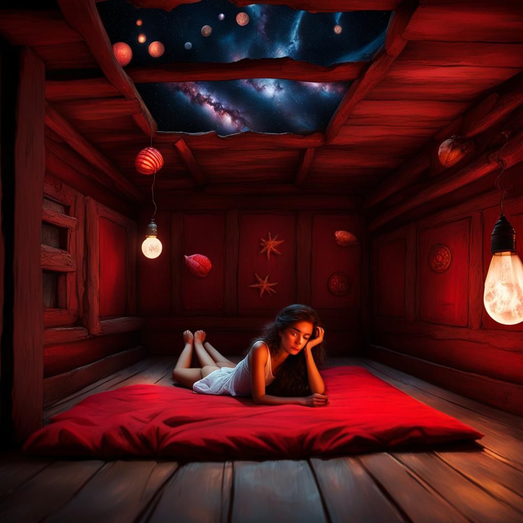 Red Room: Two Women in Dimly Lit Alcove
