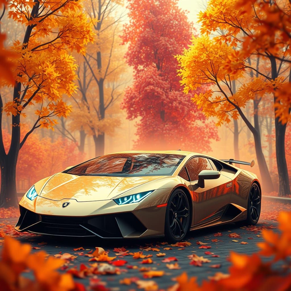 Luxury Sports Car in Whimsical Autumn Landscape