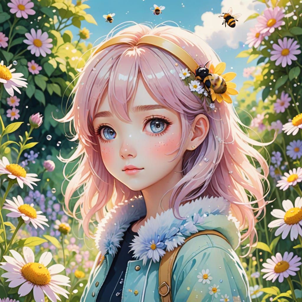 Kawaii Bee in a Pastel Anime Garden