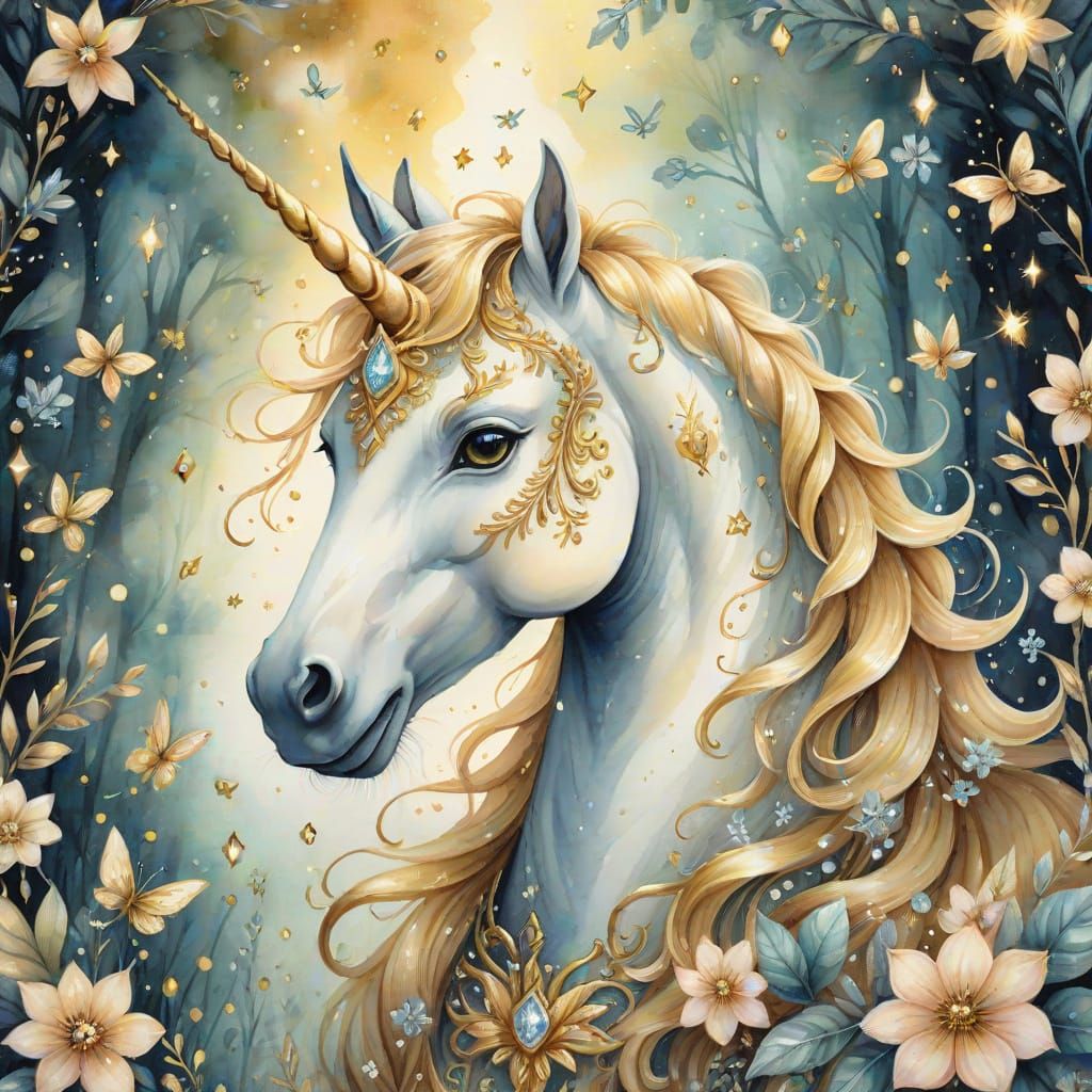Golden Unicorn in Enchanted Forest, Rococo Style