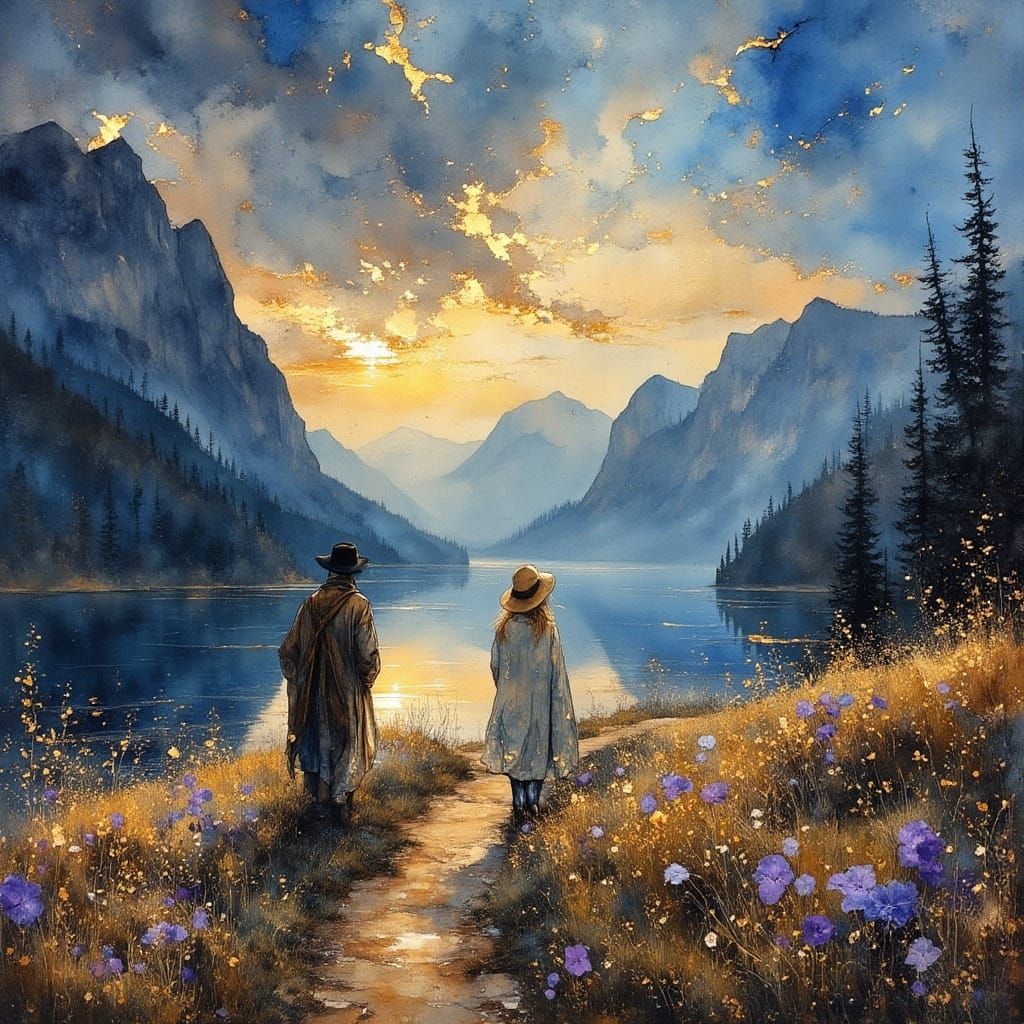 Serene Pilgrim Amidst Morning Glory in a Golden Landscape