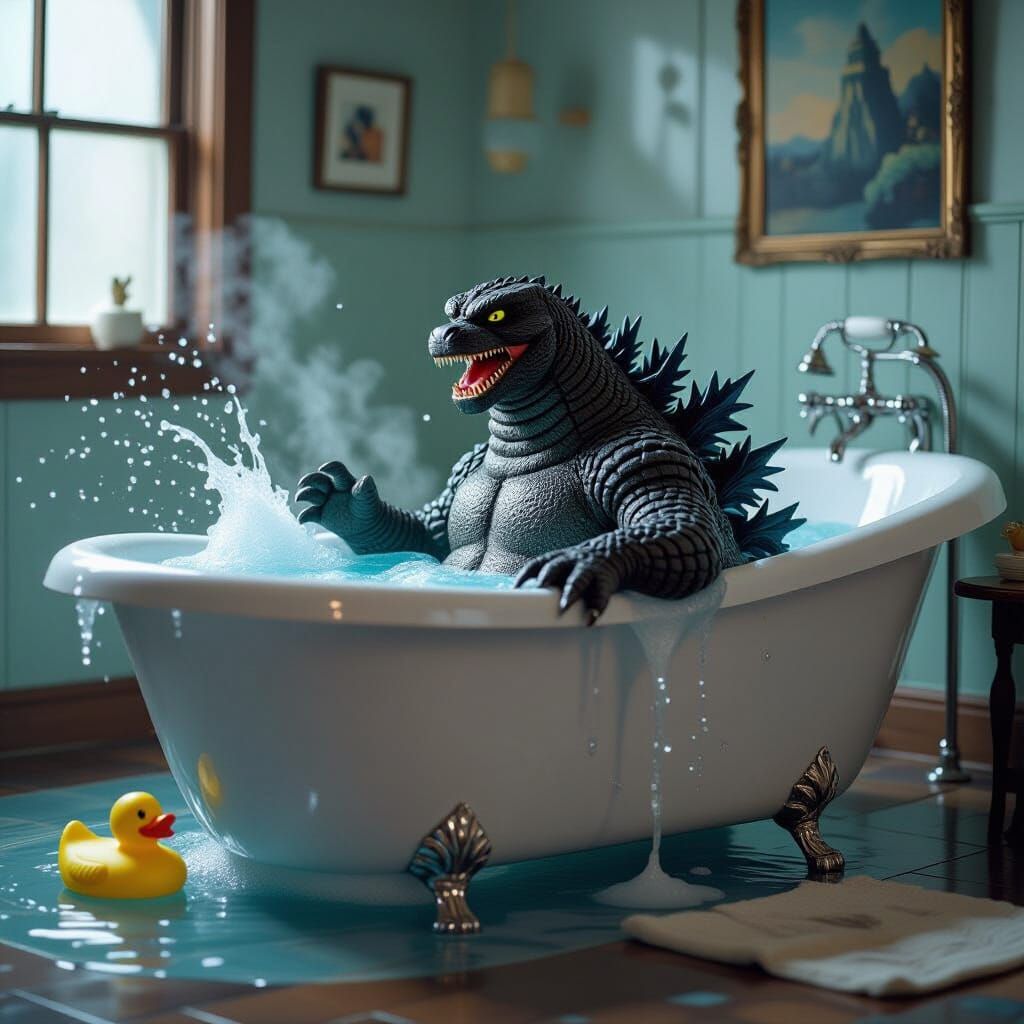 Godzilla Enjoys a Steaming Bath with Rubber Ducky