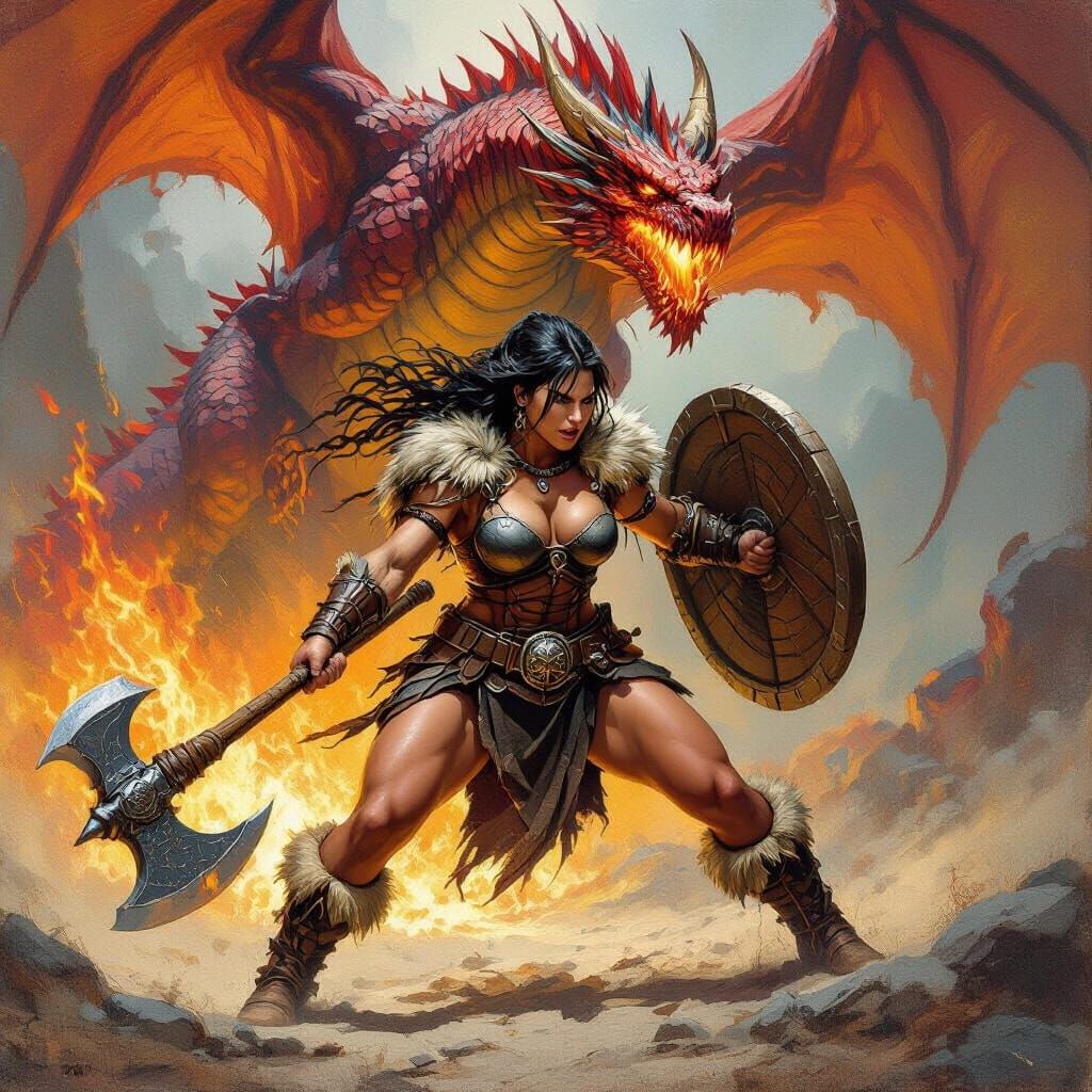 Barbarian Warrior Battles Dragon in Oil Painting Style