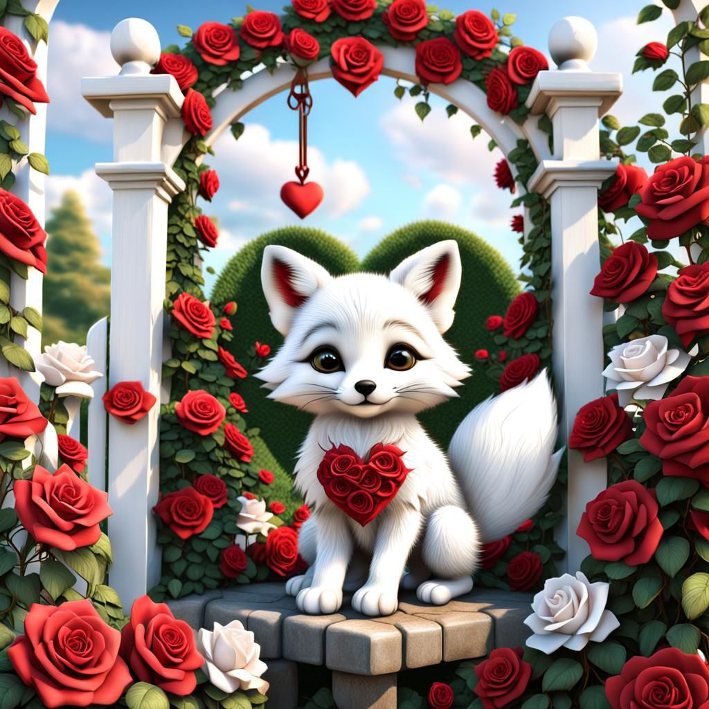 Adorable Fluffy Fox in Valentine Rose Garden