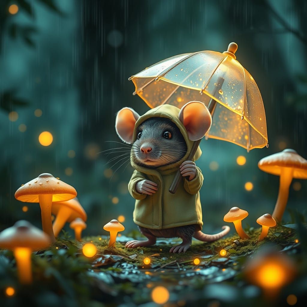 Mystical Baby Rat Under Rainy Mushroom Forest