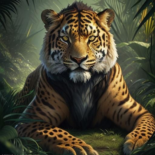 Leopard Lion Hybrid Roaring in Mystical Jungle