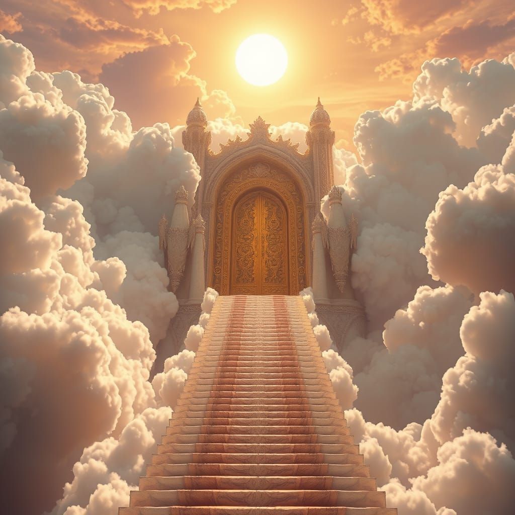 Majestic Cloud Staircase Ascends to Golden Doorway in a Sun-...