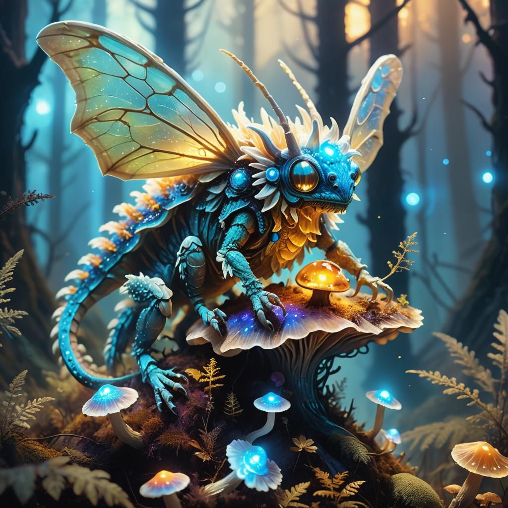 Bio-Luminescent Alien Moth-Dragon in Exoplanet Forest