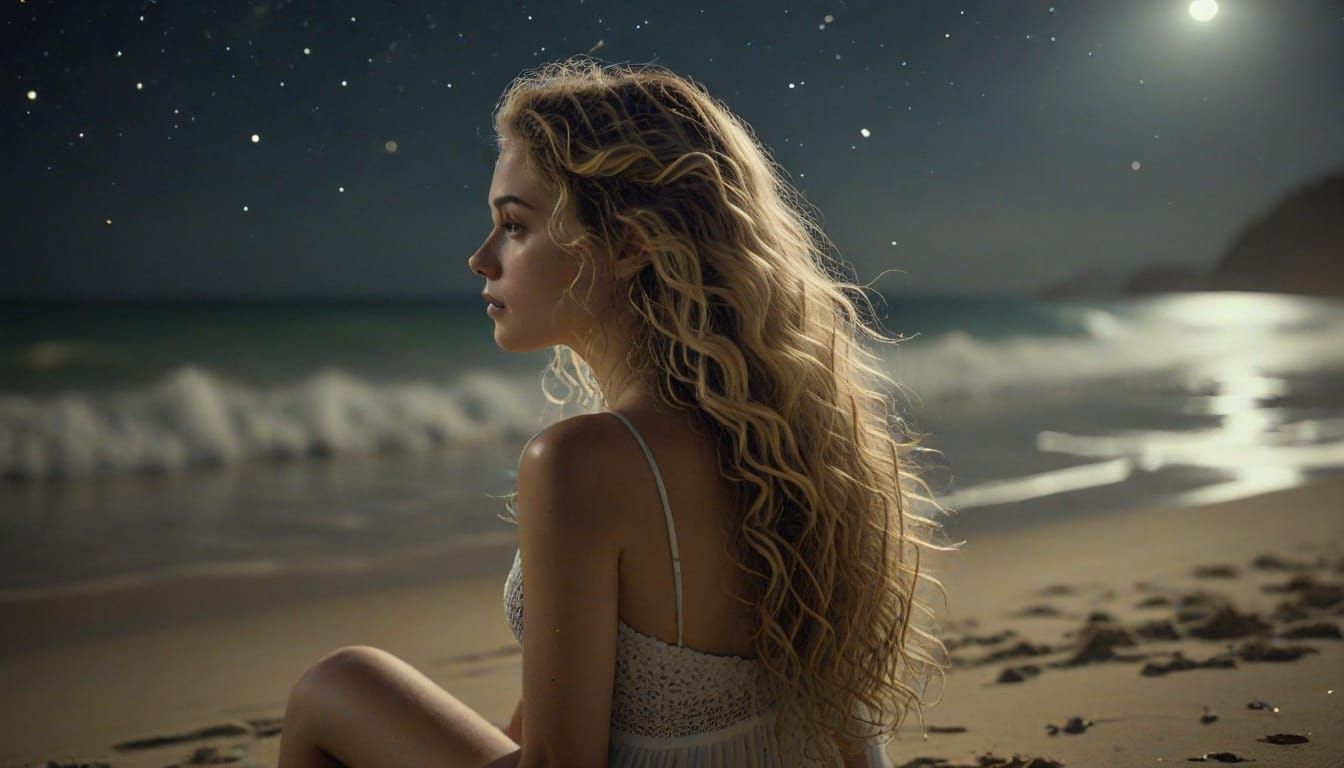 Woman Gazing at Stars on Beach at Night