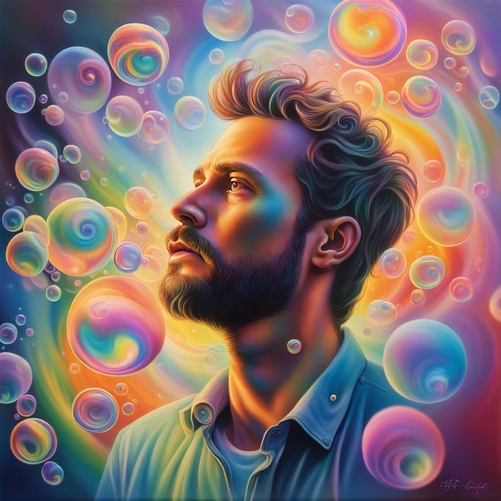 Man Surrounded by Mesmerizing Iridescent Bubbles