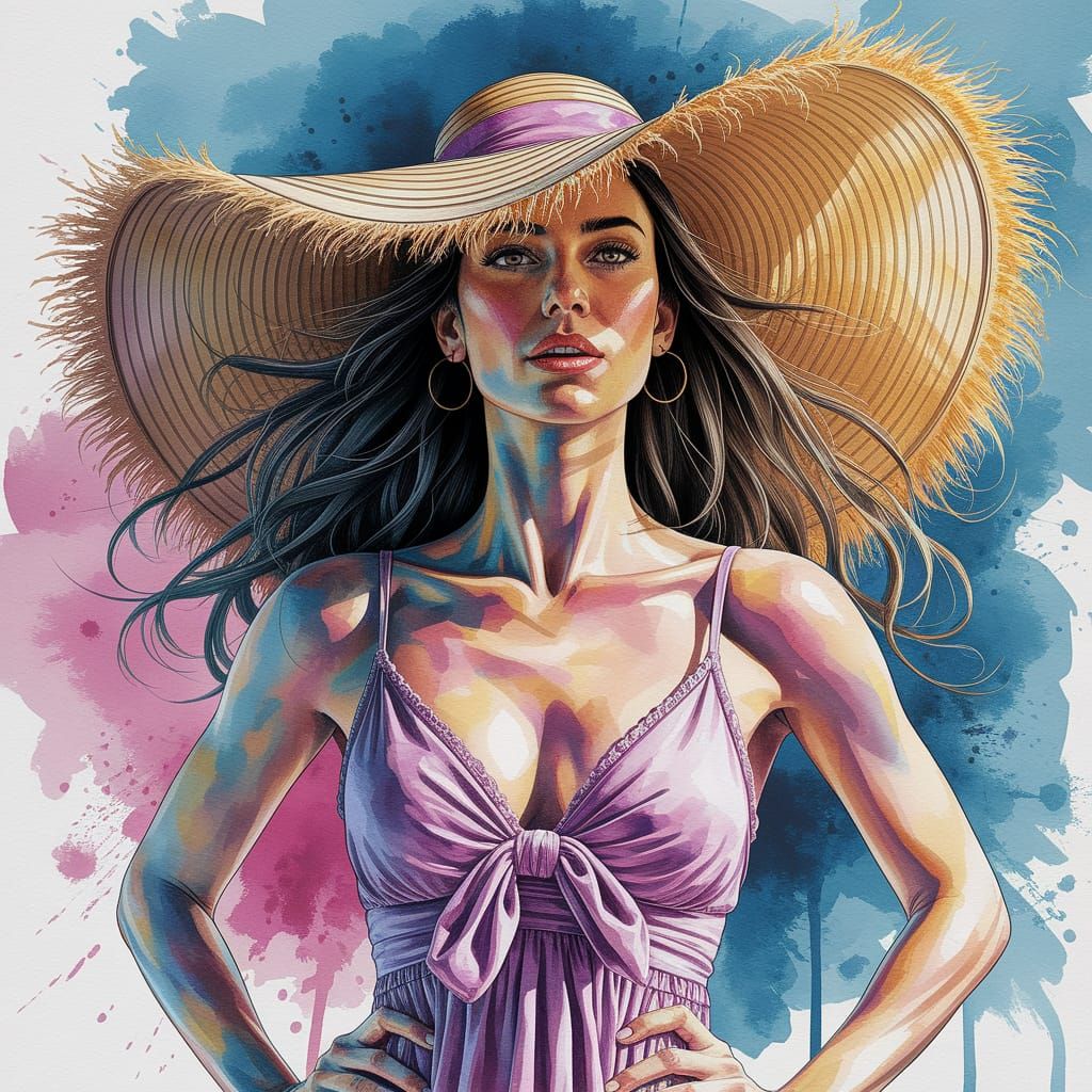 Woman in Hat: Detailed Watercolor Painting