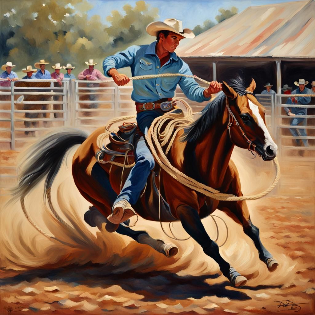 Rodeo Cowboy Lassoing Calf: Energetic Oil Painting