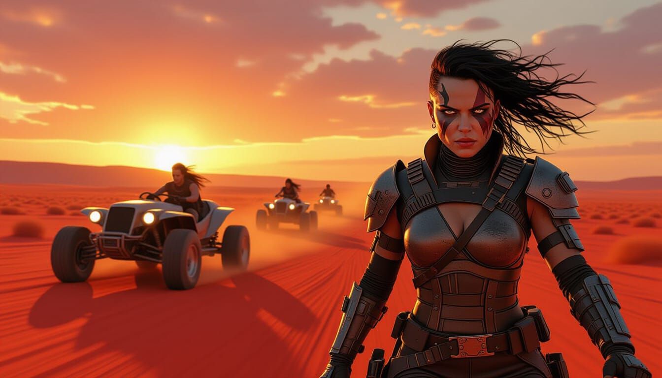 Furiosa Leads Desert Chase at Sunset in Giger Style