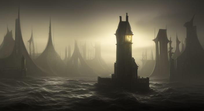 Lovecraftian Port City in Dark Fantasy Style