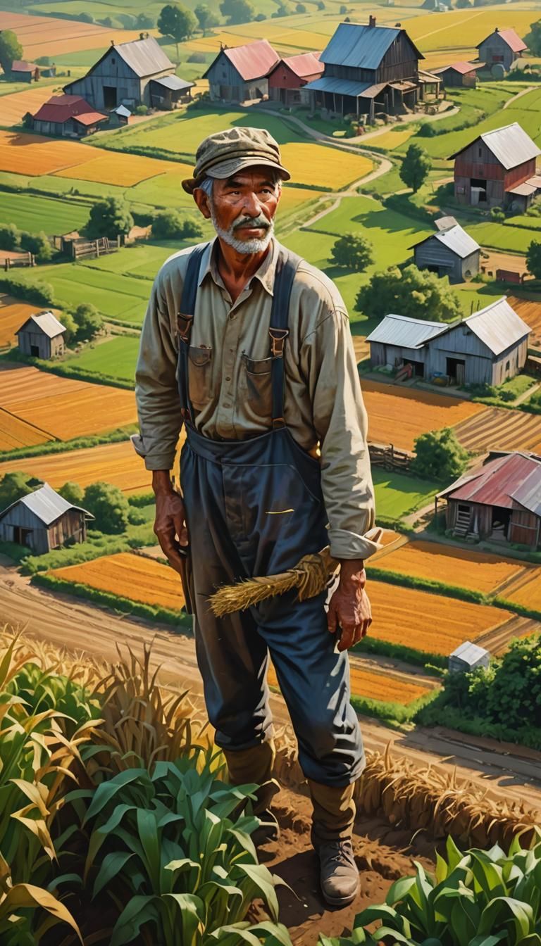 Hyperrealistic Village Scene with Farmer in Field