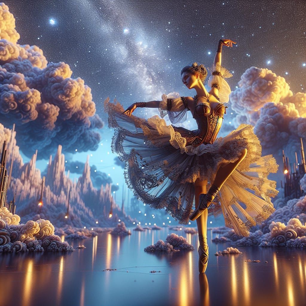 Steampunk Ballerina Dancing Under Starlit Sky in 3D