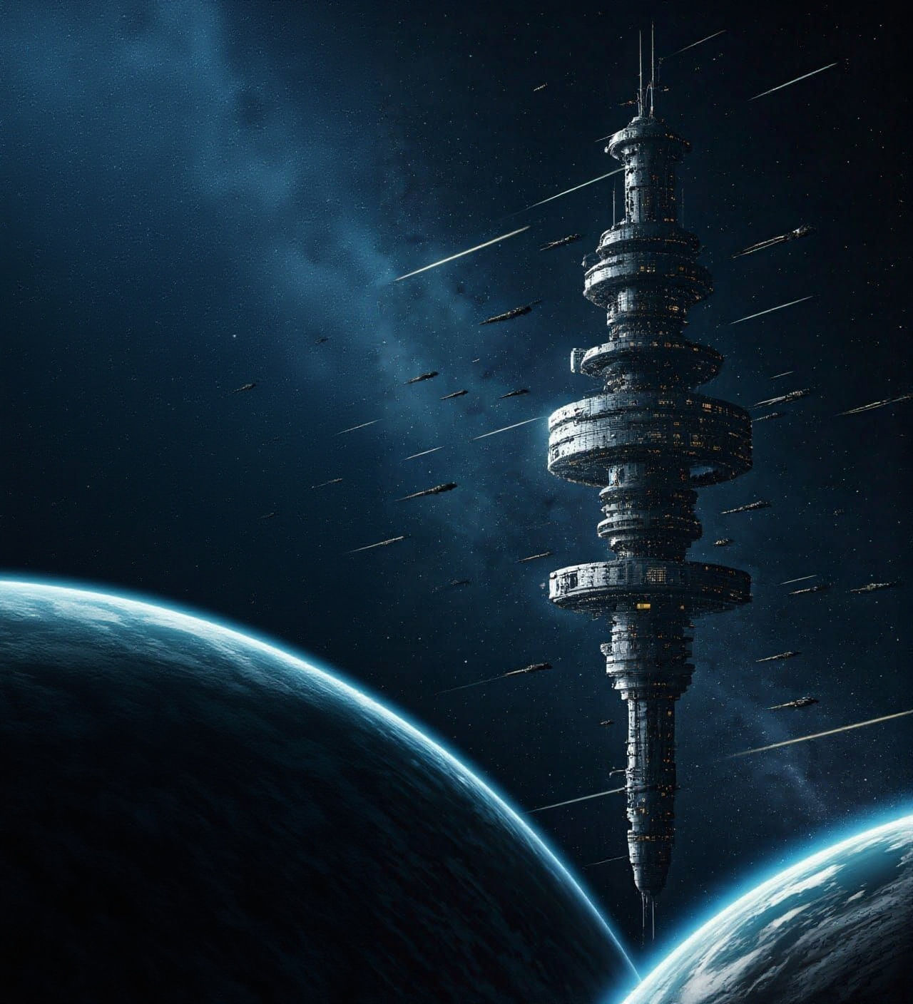 Cyberpunk Space Colony Ruins Near the Moon with Earth in the...