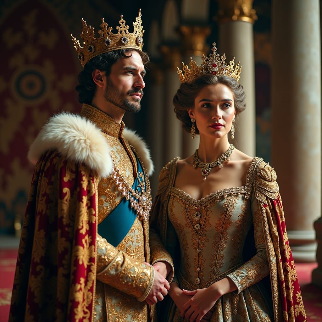 Ornate King and Queen in Opulent Throne Room