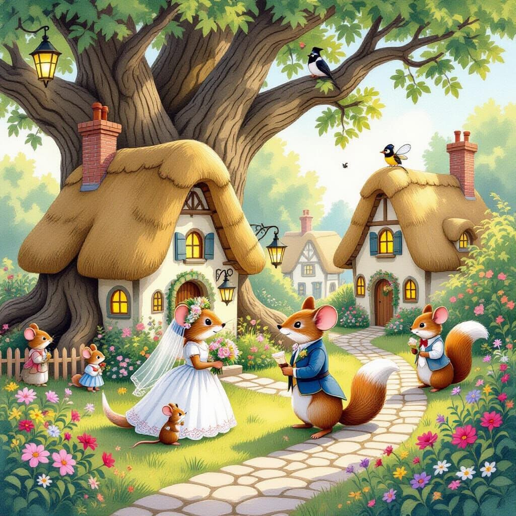 Mouse Wedding in Quaint Village, Watercolor Style