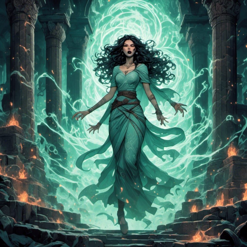 Banshee Haunts Temple Ruins: Dark Fantasy Illustration