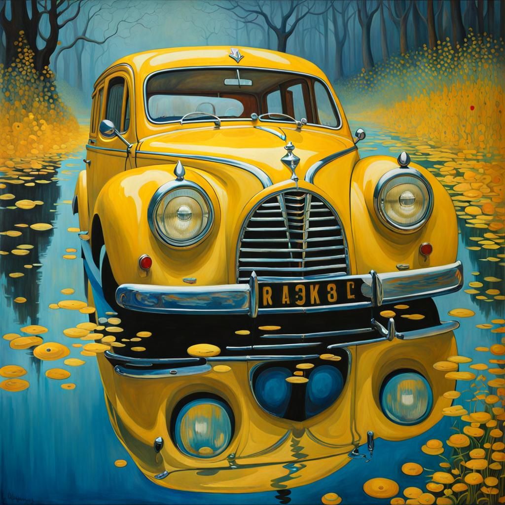 Grotesque Vintage Yellow Car in Klimt-Yellow Fog