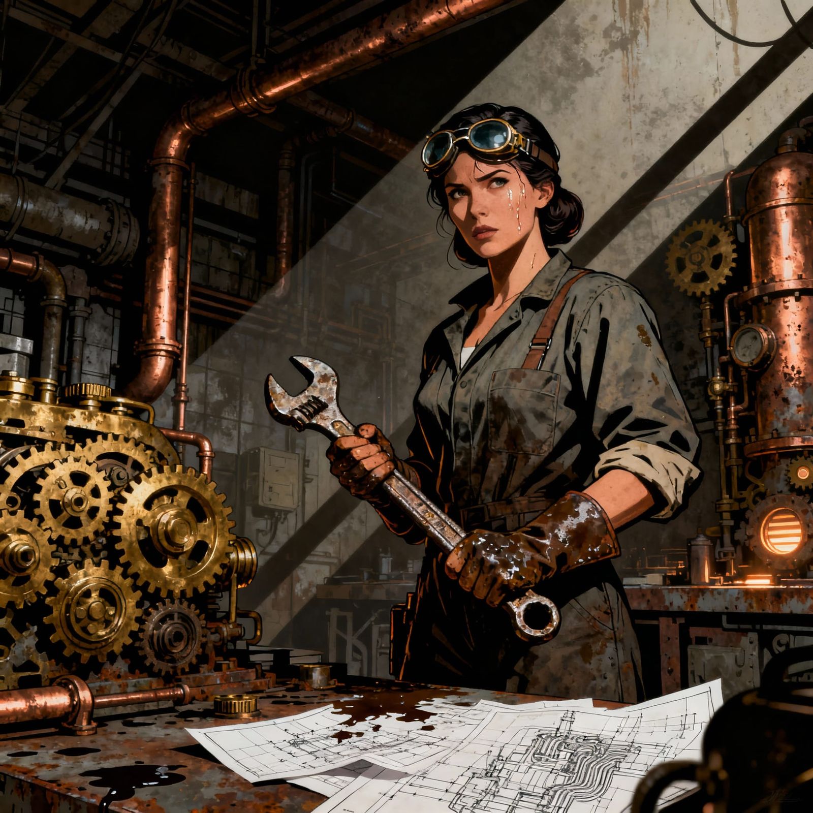 Dieselpunk Inventor in Gritty Workshop