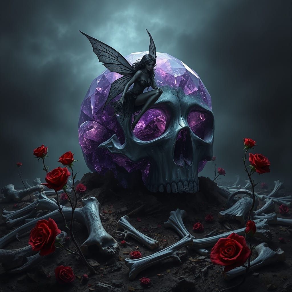 Colossal Amethyst Skull Amidst a Bone Field of Blood Roses a...