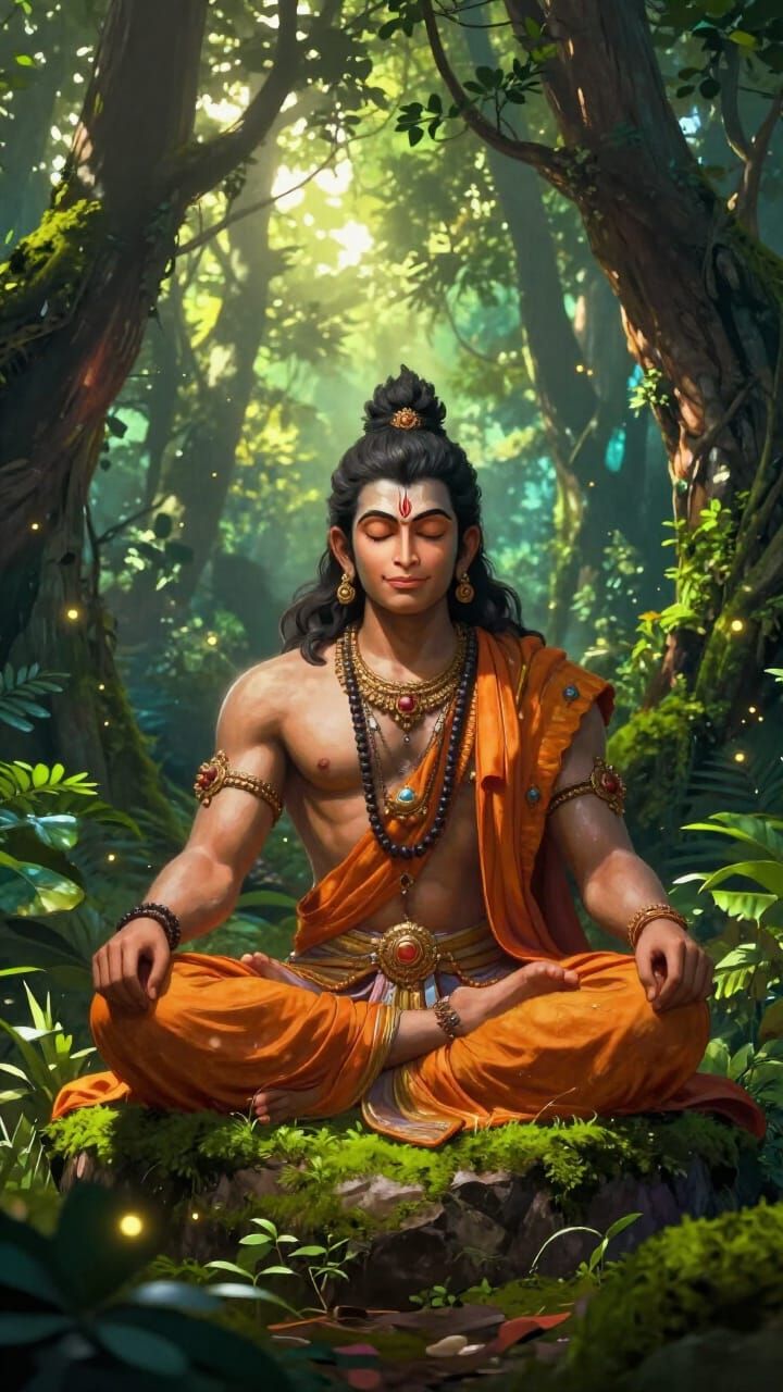 Lord Hanuman Meditating in Mystical Forest