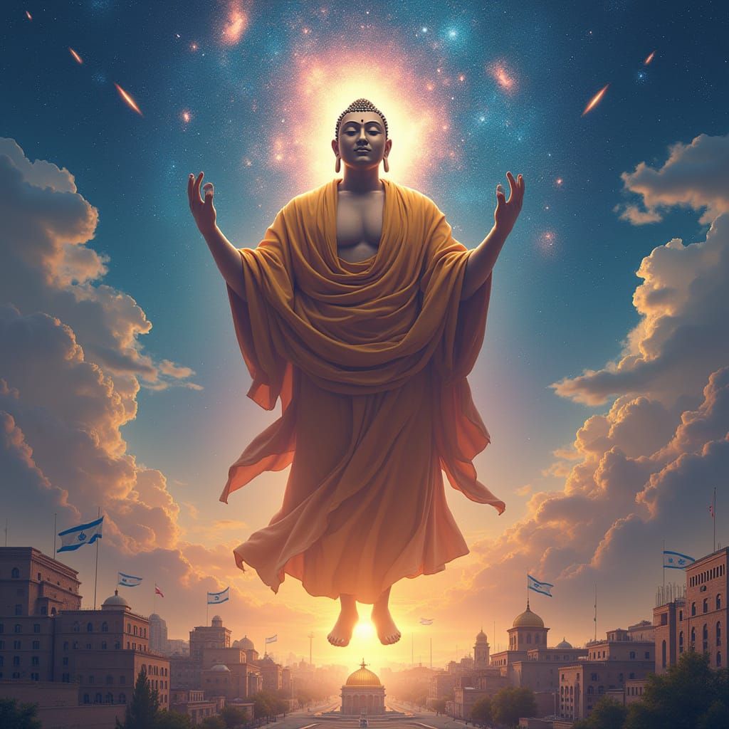 Buddha Avatar Protects City: Futuristic Digital Art