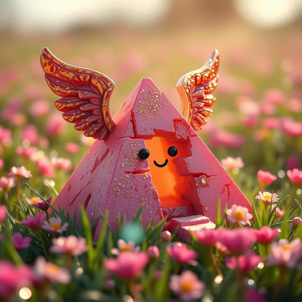Cute Winged Pyramid in Plastic Meadow, Retro-Futuristic Styl...