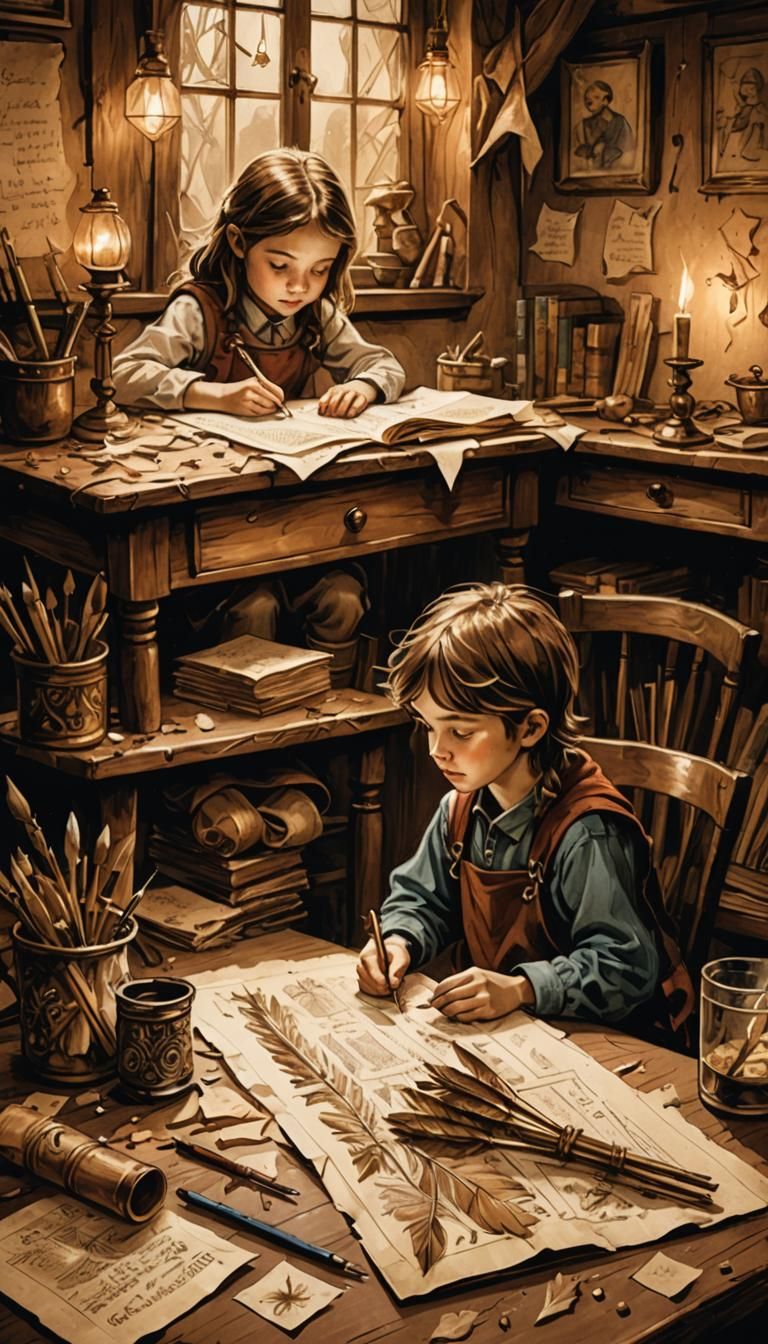 Whimsical Ink Illustration of Children in Study